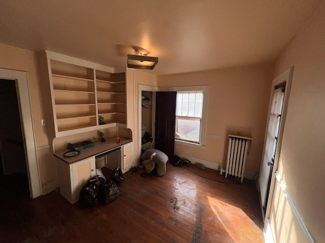 bedroom with hardwood / wood-style floors, radiator, and a closet