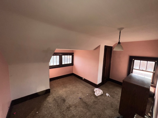 additional living space featuring carpet floors, baseboards, and vaulted ceiling