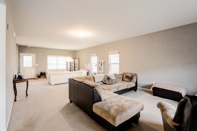 living room featuring light carpet