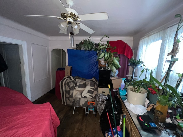 bedroom with dark hardwood / wood-style flooring and ceiling fan