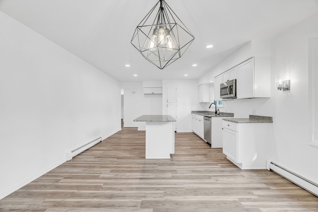 kitchen with a kitchen island, white cabinetry, stainless steel appliances, and a baseboard radiator