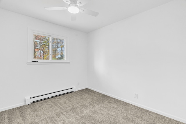 carpeted spare room featuring ceiling fan and baseboard heating