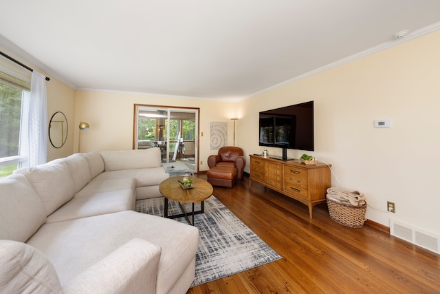 living room featuring hardwood / wood-style floors and ornamental molding