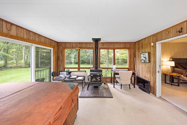 interior space with light colored carpet and a wood stove