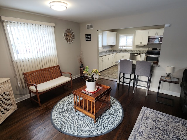 living room with sink and dark wood-type flooring