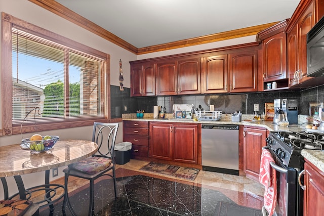 kitchen featuring tasteful backsplash, light stone counters, black appliances, and ornamental molding