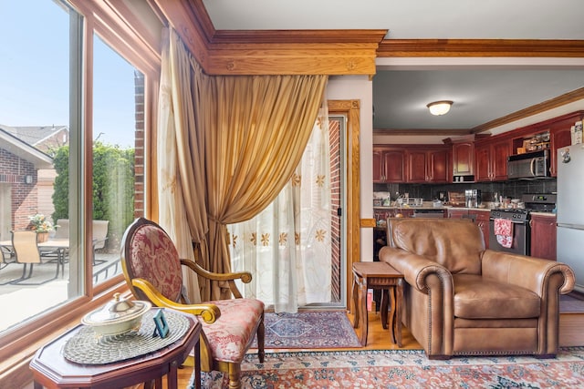 living room with crown molding