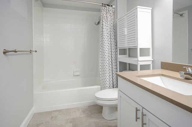 full bathroom featuring vanity, shower / bathtub combination with curtain, and toilet