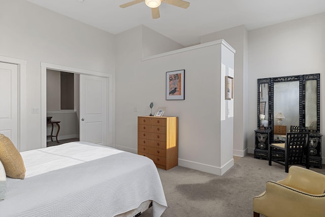 bedroom with light colored carpet and ceiling fan