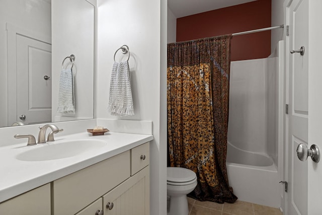 full bathroom with toilet, shower / bath combination with curtain, vanity, and tile patterned floors