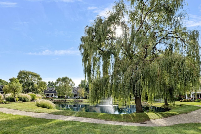 view of home's community with a water view and a lawn