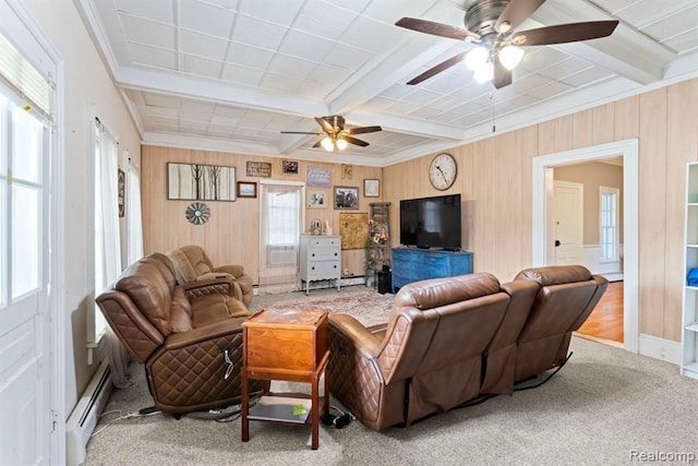 living room featuring carpet flooring, baseboard heating, crown molding, ceiling fan, and beamed ceiling