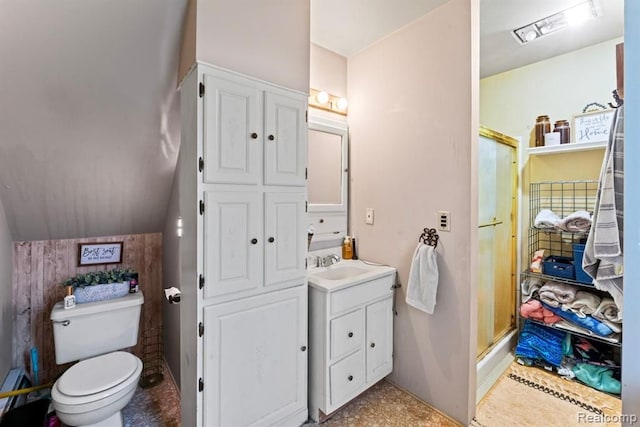 bathroom featuring vanity, toilet, and a shower with door