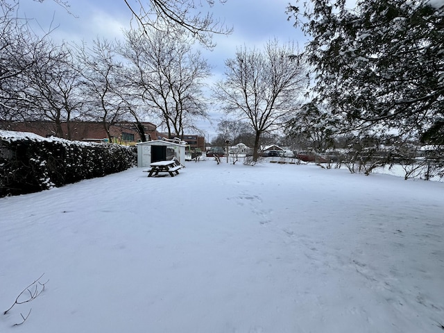 yard layered in snow featuring a shed