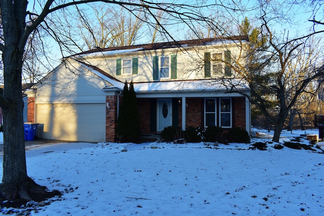 traditional-style house featuring covered porch, brick siding, a chimney, and an attached garage