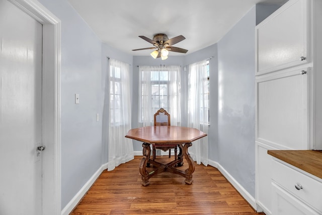 dining room with ceiling fan and light wood-type flooring