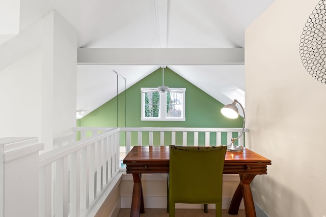 dining area with ceiling fan and vaulted ceiling