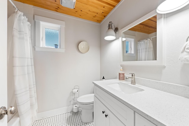 bathroom featuring a shower with curtain, vanity, toilet, and wood ceiling