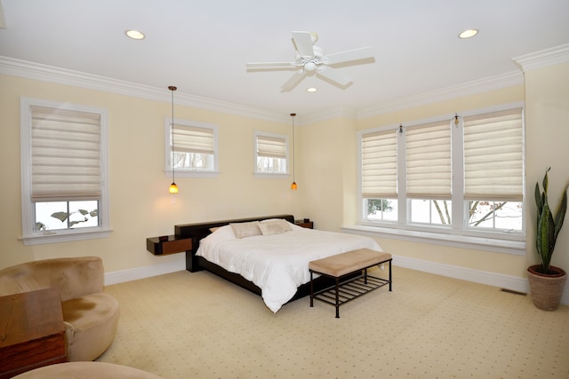 bedroom featuring recessed lighting, baseboards, ornamental molding, and light colored carpet