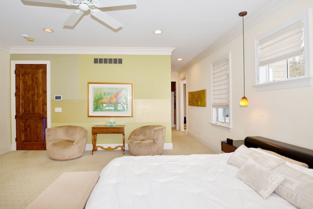 bedroom with recessed lighting, light carpet, visible vents, baseboards, and ornamental molding