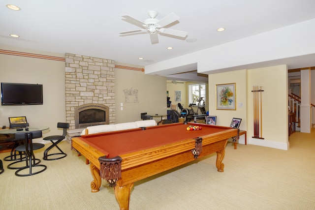 playroom with a fireplace, recessed lighting, pool table, light colored carpet, and ceiling fan