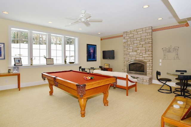 rec room featuring recessed lighting, light carpet, a fireplace, billiards, and baseboards