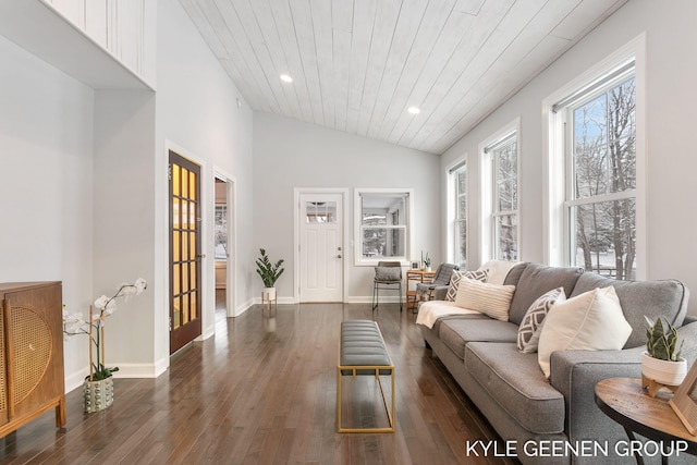 living room with dark hardwood / wood-style flooring, wood ceiling, and vaulted ceiling