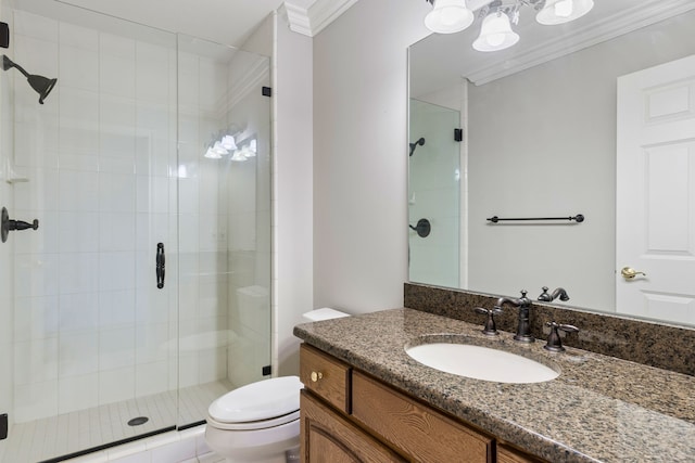 bathroom with vanity, toilet, walk in shower, and crown molding