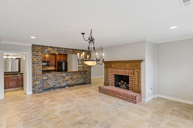 living room with a fireplace and ornamental molding