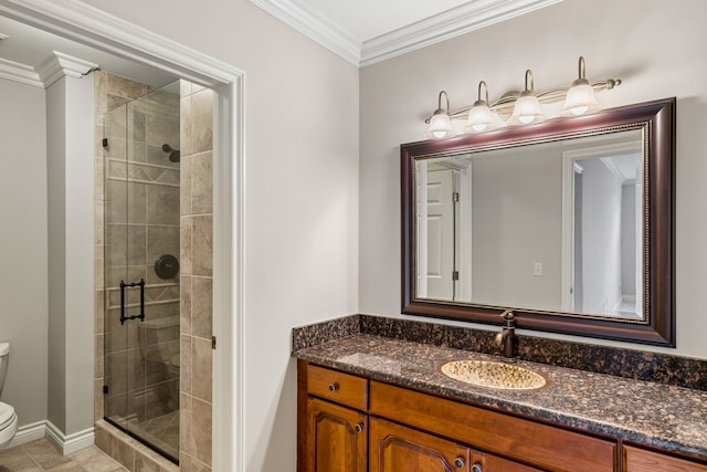 bathroom featuring toilet, vanity, an enclosed shower, and ornamental molding