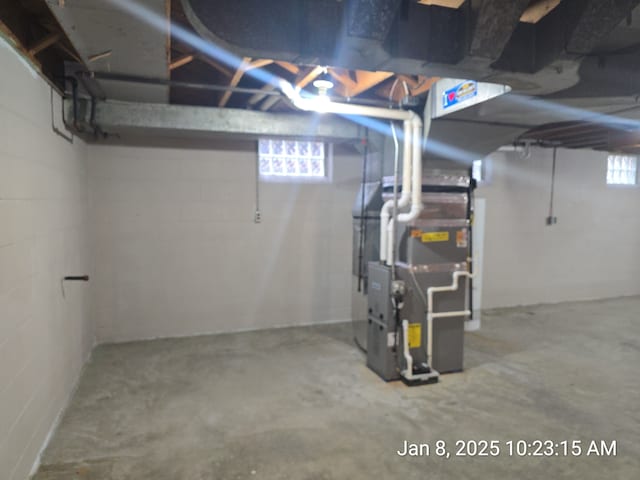 basement with heating unit