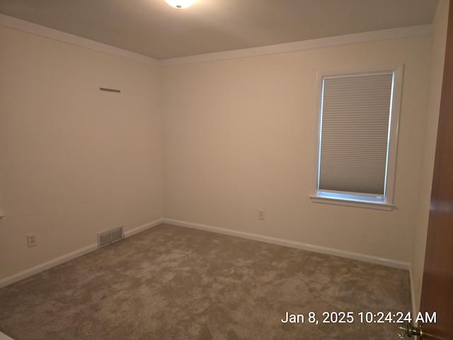 empty room with ornamental molding and carpet flooring