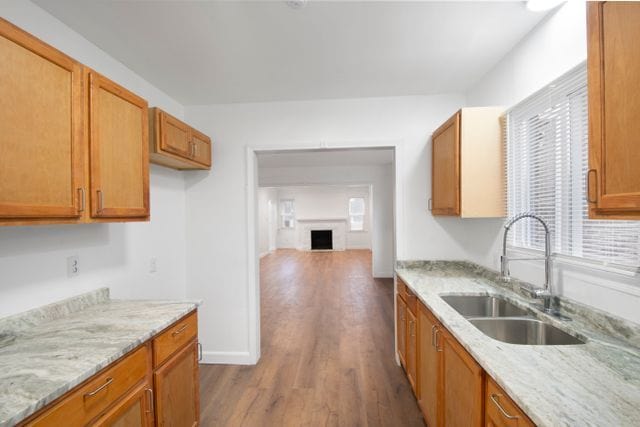 kitchen with light stone countertops, sink, and dark wood-type flooring