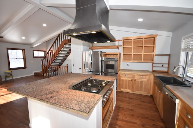 kitchen with dark hardwood / wood-style floors, vaulted ceiling with beams, sink, island exhaust hood, and stainless steel appliances