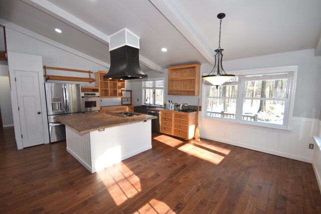 9417 Mabley Hill Rd, Fenton, MI 48430 - kitchen with vaulted ceiling with beams, open shelves, island exhaust hood, and stainless steel appliances