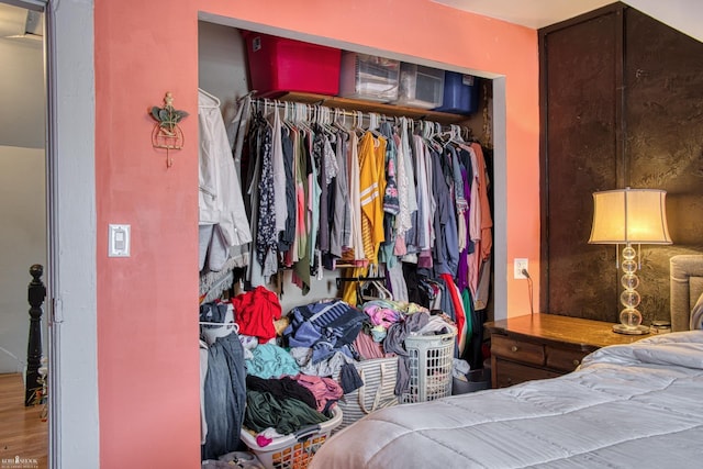 bedroom with a closet and hardwood / wood-style flooring