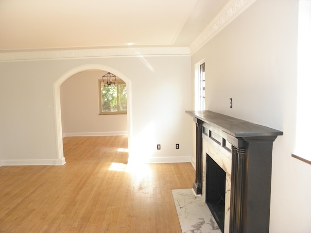 unfurnished living room with light hardwood / wood-style flooring and ornamental molding