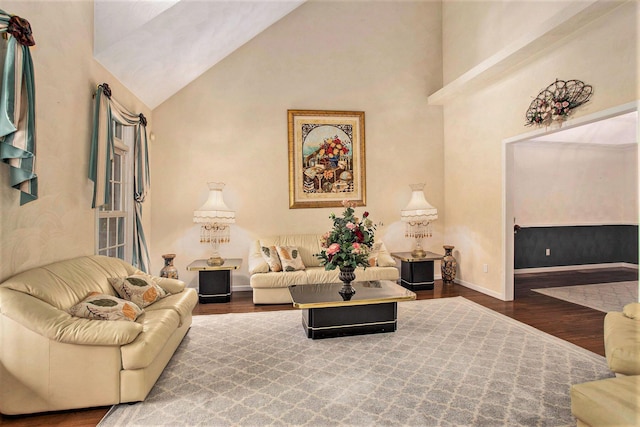 living room featuring hardwood / wood-style floors and high vaulted ceiling