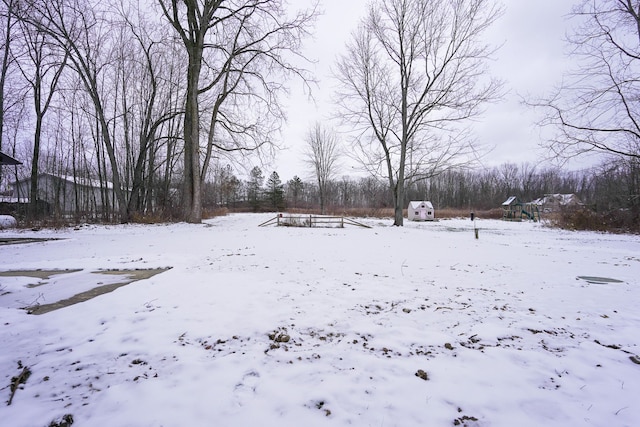 view of yard layered in snow