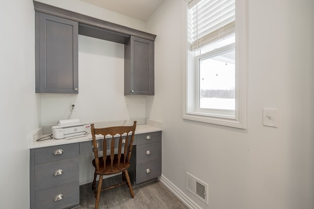 office area featuring built in desk and dark wood-type flooring