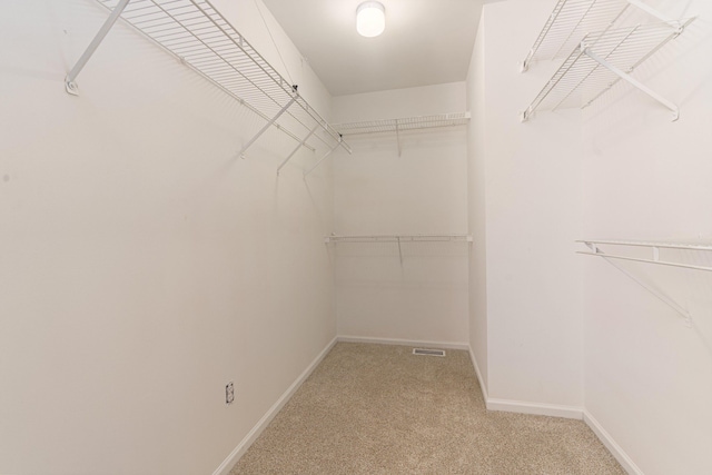 spacious closet featuring light colored carpet