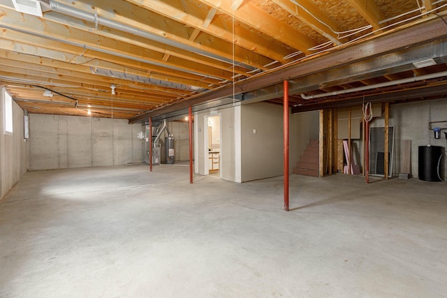 basement with heating unit and water heater