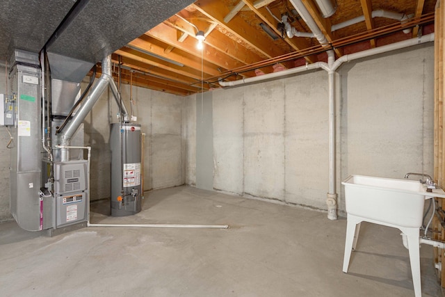 basement with heating unit and water heater