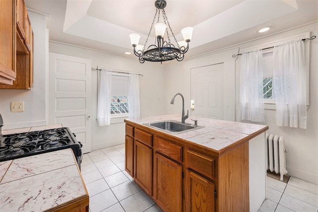 kitchen with radiator, a raised ceiling, sink, an island with sink, and gas stove