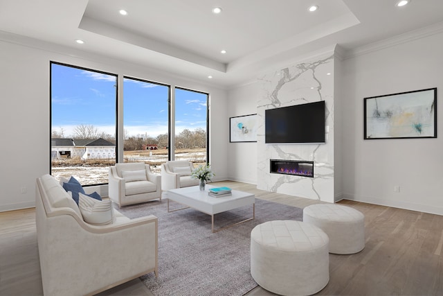 living room with light hardwood / wood-style floors, a raised ceiling, crown molding, and a high end fireplace