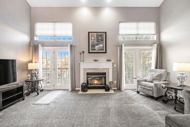 living room featuring carpet flooring and a high ceiling