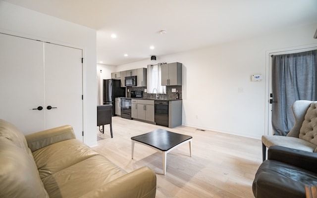 living room featuring light hardwood / wood-style flooring and sink