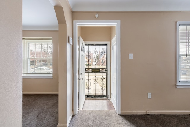 carpeted foyer entrance with ornamental molding