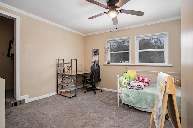 bedroom with carpet floors, ceiling fan, and ornamental molding