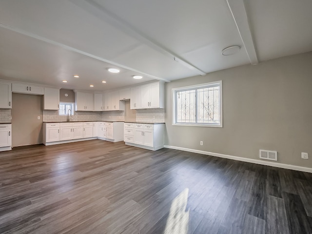 kitchen featuring backsplash, dark hardwood / wood-style floors, white cabinetry, and sink